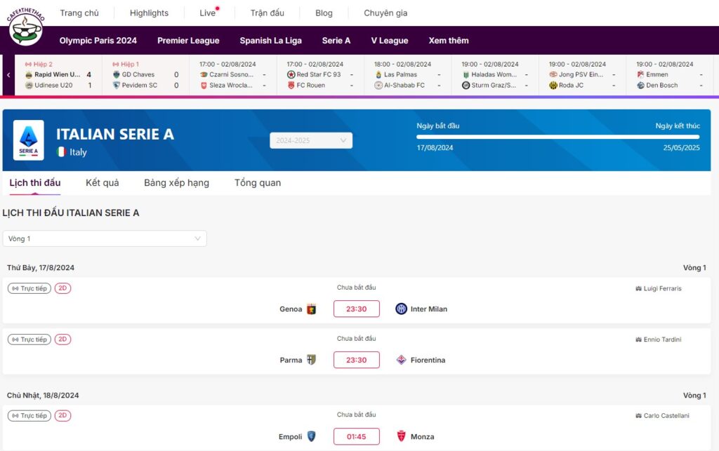 Cập nhật lịch thi đấu giải bóng đá ý Serie A trên Cafe Thể Thao